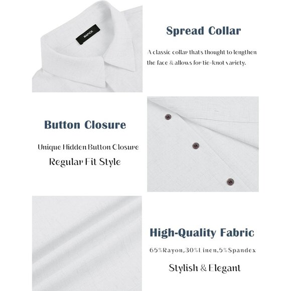 Men's White Linen Short Sleeve Button Down Casual Shirt Business Dress - Picture 5 of 6